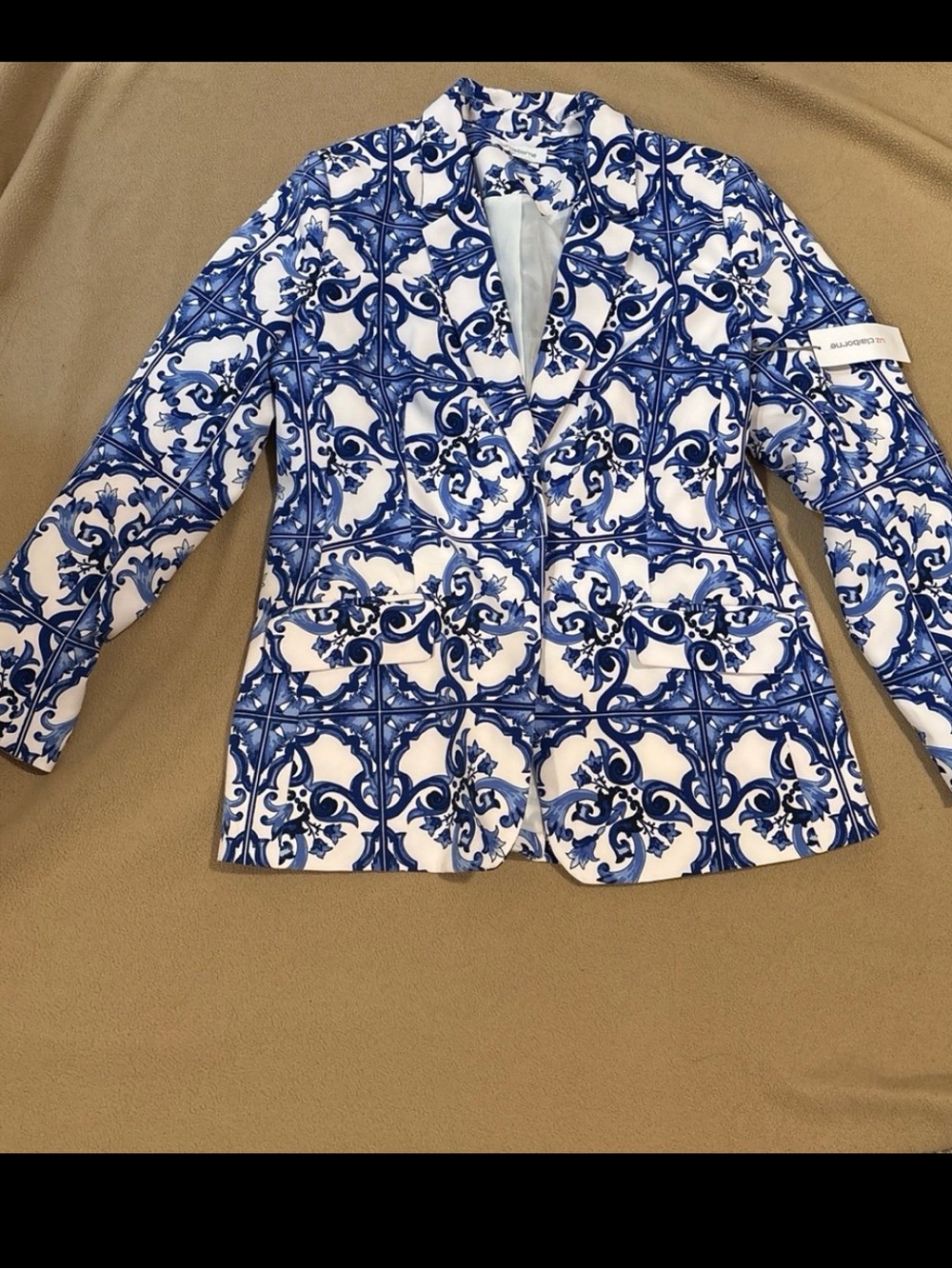 Liz Claiborne Blue & White Ornate Tile-Print Blazer